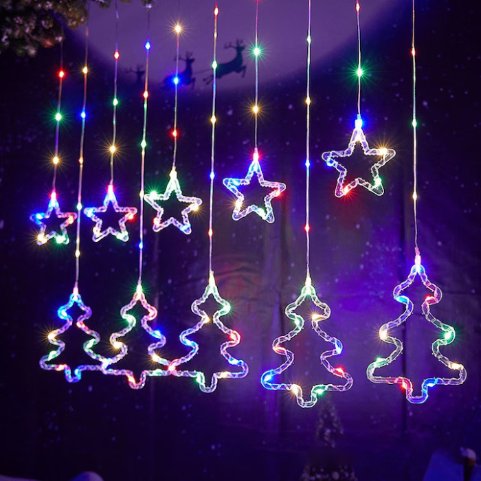 Instalație Perdea LED RGB de Crăciun 3m – Stele și Brazi, 8 Moduri, Interconectabilă, Telecomandă pe Fir, Alimentare 220V