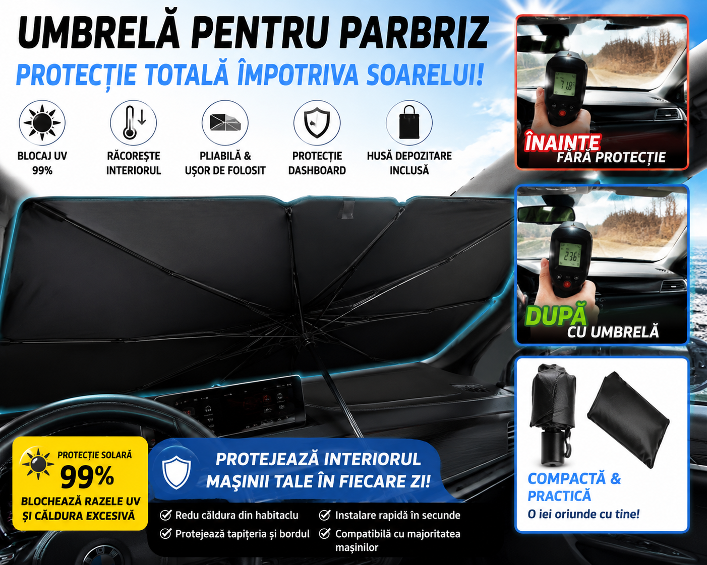 Umbrelă parasolară auto pliabilă – protecție UV & răcoare instant în mașină