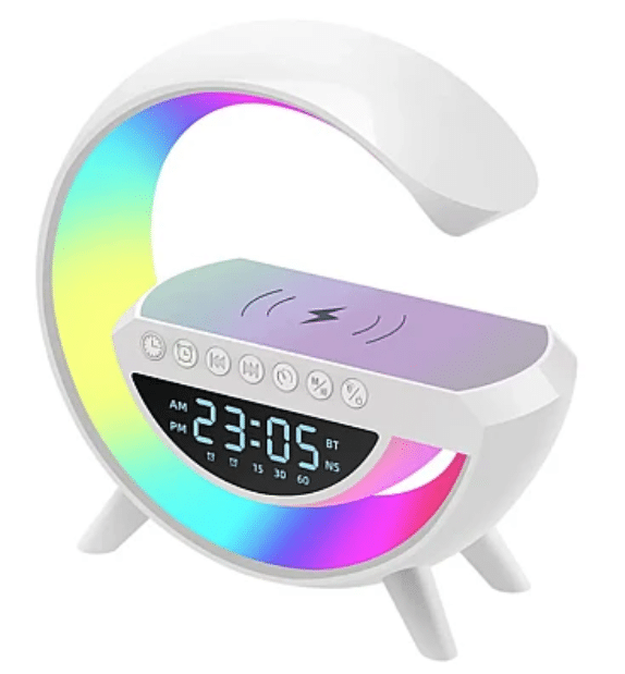 Boxă Bluetooth 3 în 1 cu Încărcător Wireless, Ceas Digital, Radio FM și Lumină LED RGB – Smart, Elegantă și Multifuncțională