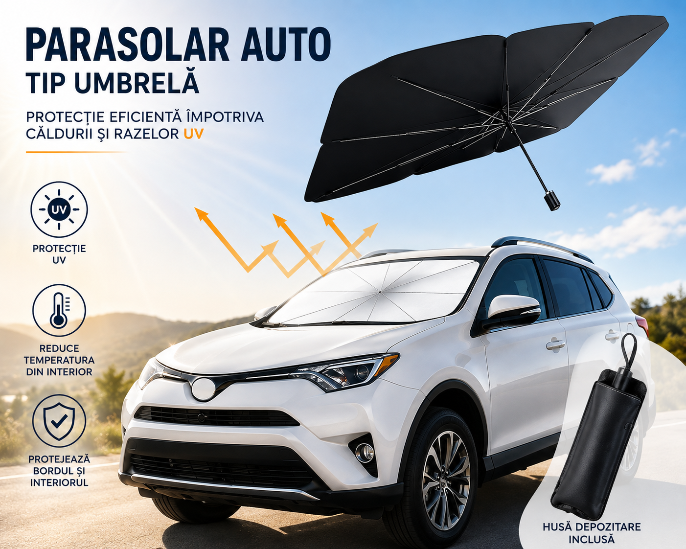Umbrelă parasolară auto pliabilă – protecție UV & răcoare instant în mașină