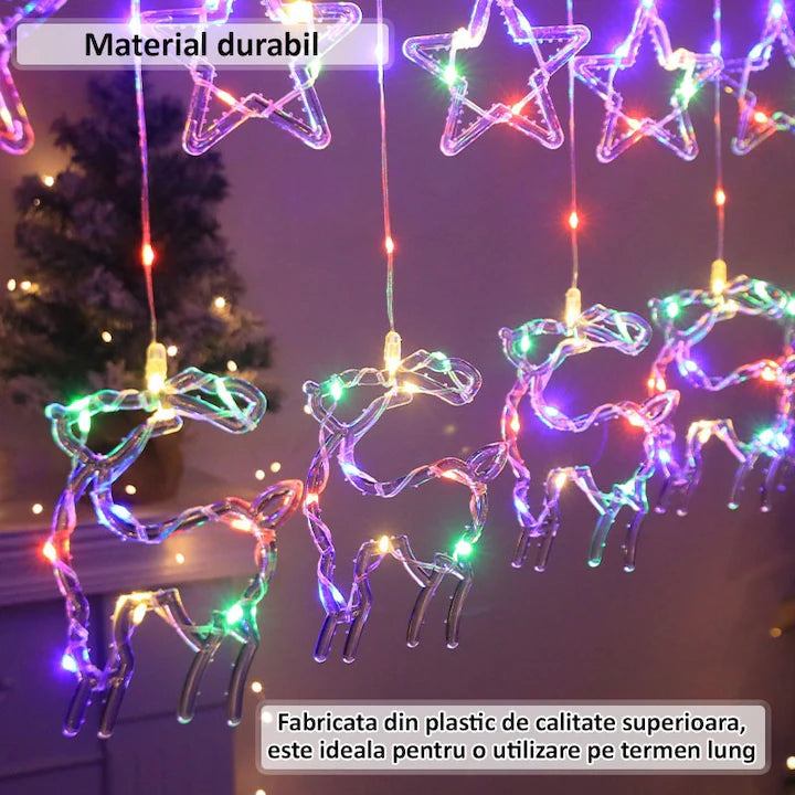 Instalație Perdea de Crăciun LED RGB 3m – Interconectabilă, Stele și Reni, 8 Moduri, Multicolor, cu Telecomandă