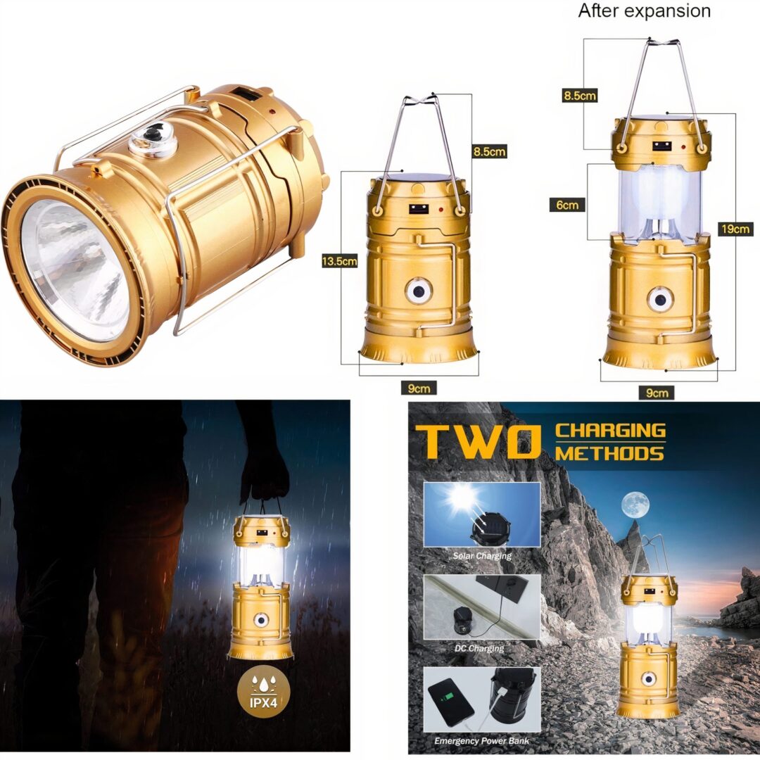 Lampă-lanternă solară ZET LED pliabilă 19×9 cm, impermeabilă, funcție felinar cu încărcare USB – ideală pentru exterior, camping, grădină