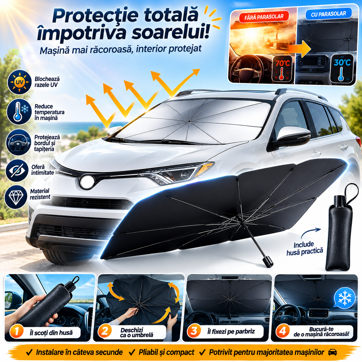 Umbrelă parasolară auto pliabilă – protecție UV & răcoare instant în mașină