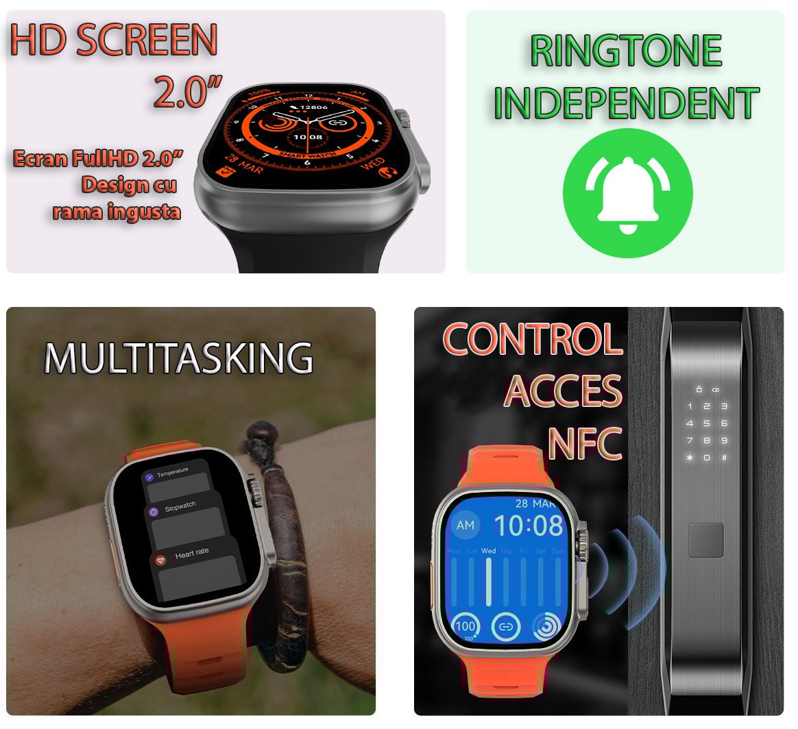 Smartwatch ZET Bluetooth-Conecatre Telefon, Apeluri Raspunde si Vorbește, Notificări mesaje si aplicații, Curea Extra, Încărcator Wireless, Autonomie 3-5 zile– Compatibil Android & iOS