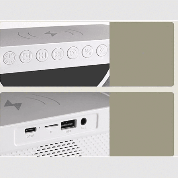 Boxă Bluetooth 3 în 1 cu Încărcător Wireless, Ceas Digital, Radio FM și Lumină LED RGB – Smart, Elegantă și Multifuncțională