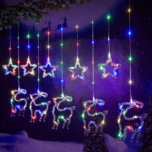 Instalație Perdea de Crăciun LED RGB 3m – Interconectabilă, Stele și Reni, 8 Moduri, Multicolor, cu Telecomandă