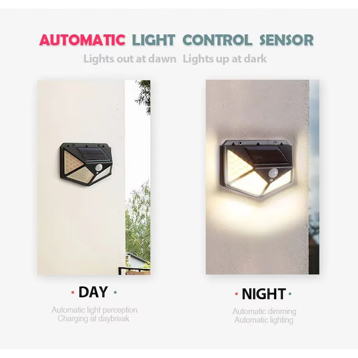 Lampă Solară 100 LED-uri, Reîncărcabilă, Impermeabila IP65, Senzor Mișcare, Ideală pentru Curți și Alei